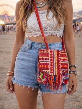 Boho Tribal Crossbody Bag Fringe Colorful Woven Hippie Festival Purse Bright